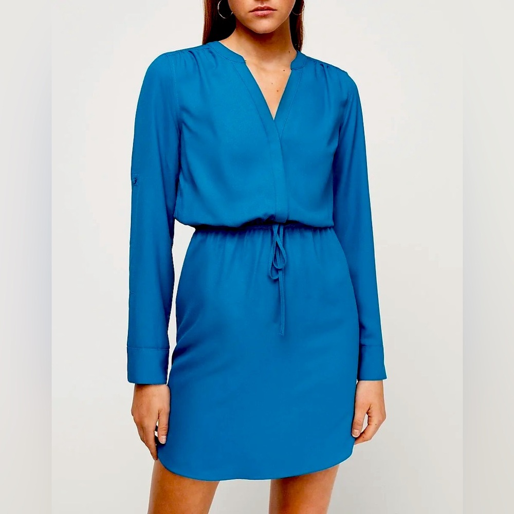 Express Royal Blue Long-sleeve Midi Dress with a Tie Waist Size XXS
